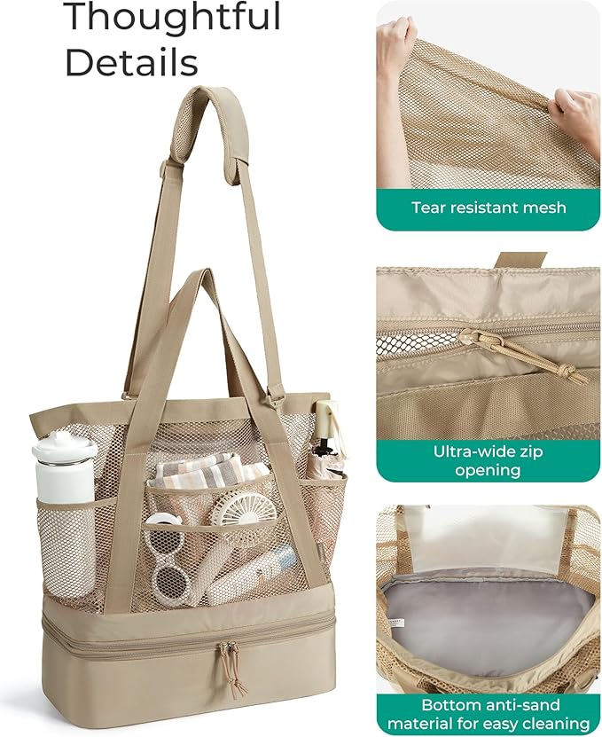 BAGSMART Beach Bag for Women, Mesh Tote Bags with Zipper, Sandproof Vacation Essentials with Cooler for Swim Cruise Pool