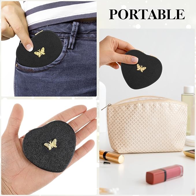 Heart Shaped Double-Sided 1X/2X Magnifying Mirror, Compact Folding PU Leather Makeup Mirror, Ultra-Portable for Women Home Office Travel