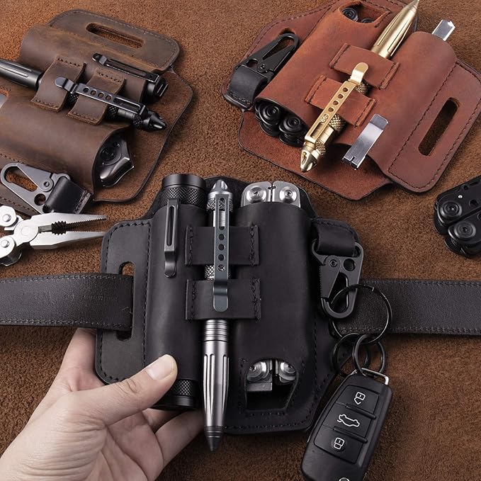 Gentlestache Multitool Belt Sheath, EDC Leather Belt Organizer, Belt Holder with Multitool Pouch, Flashlight Holder, Pen Holder and Keychain Clip, Practical EDC Belt Pouch for Men