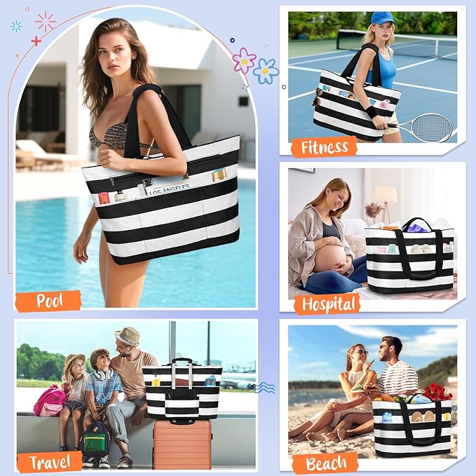 BKNOOU Extra Large Beach Bags Waterproof Sandproof XL Beach Tote Bag for Women Zipper Foldable Swim Pool Bag with Wet Pocket