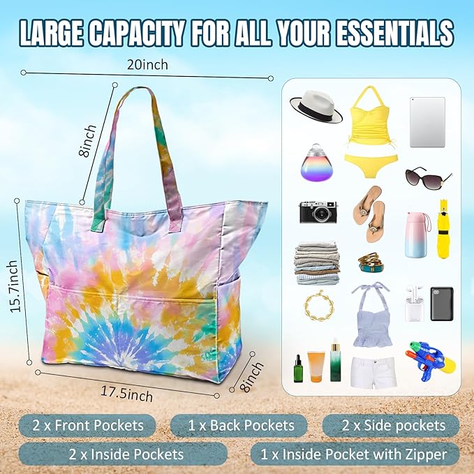 Large Beach Bag Waterproof Sandproof Beach Bags for Women Pool Tote Bags with Zipper Summer Swim Bag Foldable