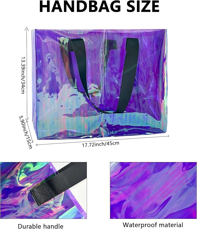 Holographic PVC Beach Bag Waterproof - 18×13×6inch Large Clear Tote for Women Men Pool Travel Sandproof Carry All