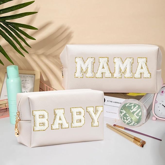 CY2SIDE MAMA Baby Letter Makeup Bag - 2PCS White MAMA and BABY Chenille Letter Patch Cosmetic Bag Pink PU Leather Patch Pouch Waterproof Portable Zipper Travel Organizer Case Gifts for Mom Women