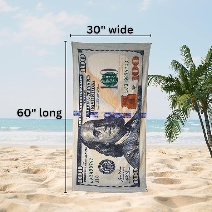 $100 Bill Money Beach Towel 30”x60” - Soft Cotton Velour, Highly Absorbant, Fast Drying, Easy-Pack for Spring Break, Vacation, Beach, Pool or Sunbathing - Lightweight, Compact for Travel-Novelty Gift