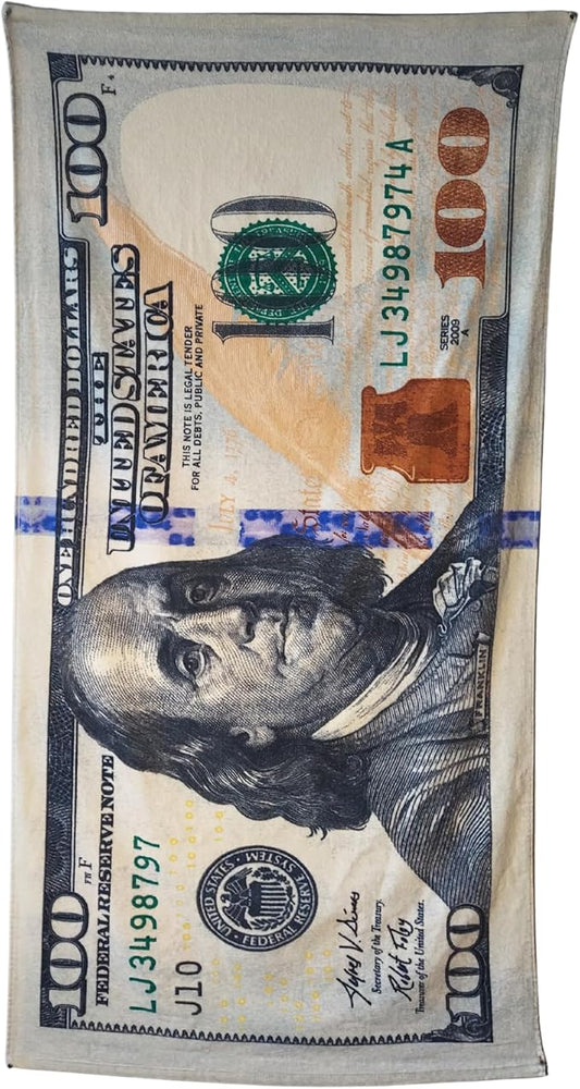 $100 Bill Money Beach Towel 30”x60” - Soft Cotton Velour, Highly Absorbant, Fast Drying, Easy-Pack for Spring Break, Vacation, Beach, Pool or Sunbathing - Lightweight, Compact for Travel-Novelty Gift