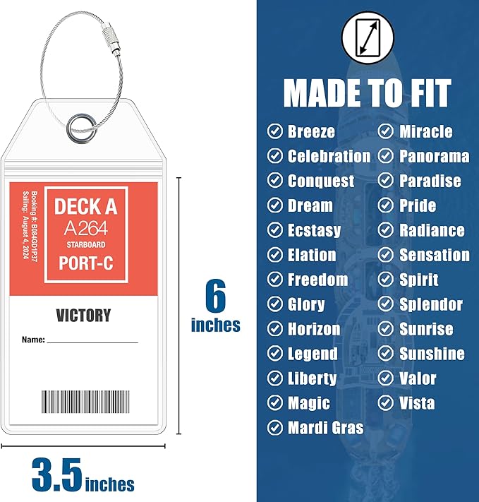 Carnival Cruise Luggage Tag Holders (4 Pack) & Lanyards (2 Pack), Large, Clear & Waterproof, Cruise Essentials 2026-2027 for Ship Cards & Baggage – Durable Travel Accessories (Blue & Royal)