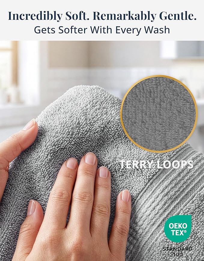Grey Hand Towels for Bathroom - Pack of 6 (16" x 28") - 100% Cotton Double Stitched Edges - Ultra Soft, Quick Dry & Highly Absorbent - Everyday Comfort Hand & Face Towels for Family and Gym Use - Grey