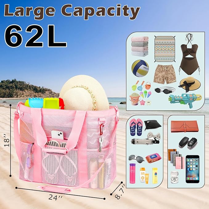 Mesh Beach Bag with Zipper, Large Beach Tote for Women, Toys Pool Swim Bag Travel Vacation Cruise Essentials