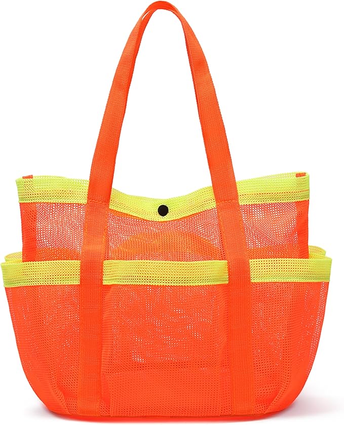 Mesh Beach Bag, Foldable Waterproof Sandproof Beach Storage Tote with 6 Pockets, Swim Tropical Vacation Pool Essential