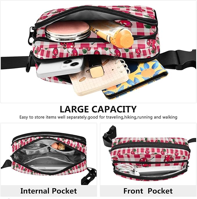 Cherry Red Checkered Plaid Fanny Pack for Women Men Water Resistant Fashion Waist Packs with Adjustable Strap Belt Bag for Travel Workout Jogging Hiking 21219406