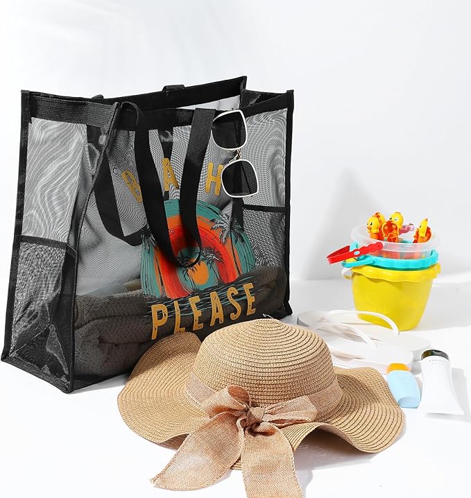 30L Large Beach Bag with Pouch Foldable Sandproof Lightweight Mesh Tote Bag with Two Pockets for Swimming Travel