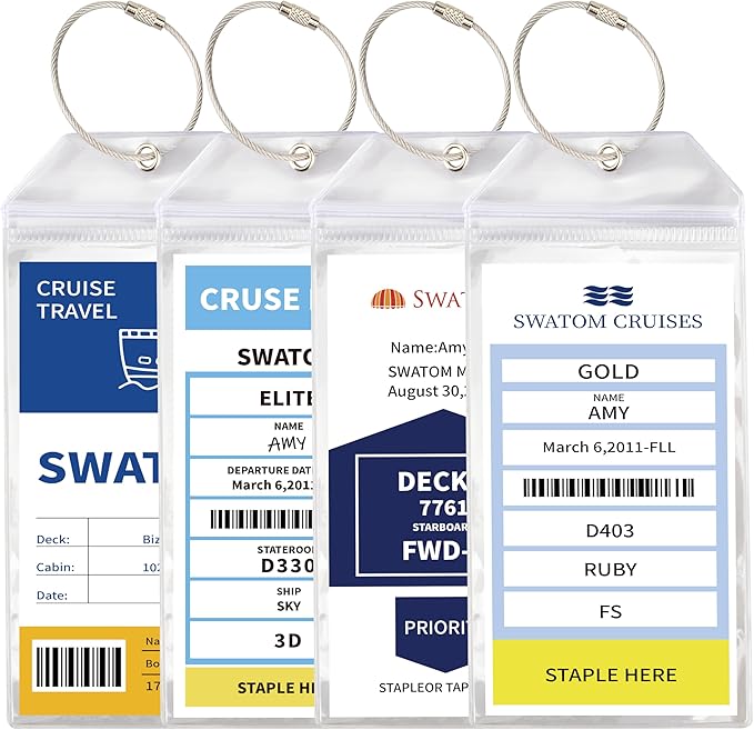 SWATOM Cruise Luggage Tags for Suitcases 4 Sets Carnival, NCL, Princess & MSC Waterproof Clear Luggage Bag Tag Holders for 2025 & 2026 Cruise Ships Essentials