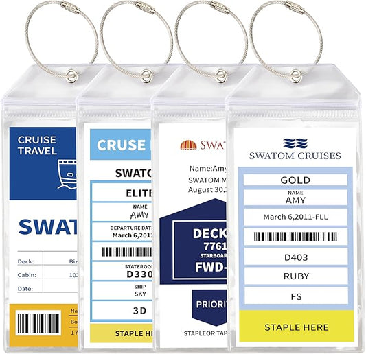 SWATOM Cruise Luggage Tags for Suitcases 4 Sets Carnival, NCL, Princess & MSC Waterproof Clear Luggage Bag Tag Holders for 2025 & 2026 Cruise Ships Essentials