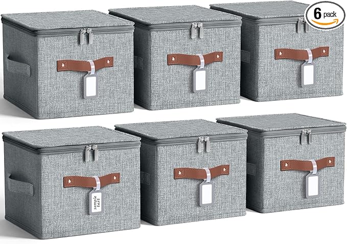 6 Pack 15 Inch Fabric Closet Storage Bins with Lids, 15x10x10In Large Foldable Cotton Linen Storage Cubes Boxes with PU Handle & Label Holder for Bedroom Organization, Shelf, Nursery, Gray