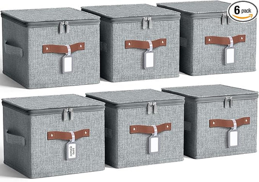 6 Pack 15 Inch Fabric Closet Storage Bins with Lids, 15x10x10In Large Foldable Cotton Linen Storage Cubes Boxes with PU Handle & Label Holder for Bedroom Organization, Shelf, Nursery, Gray
