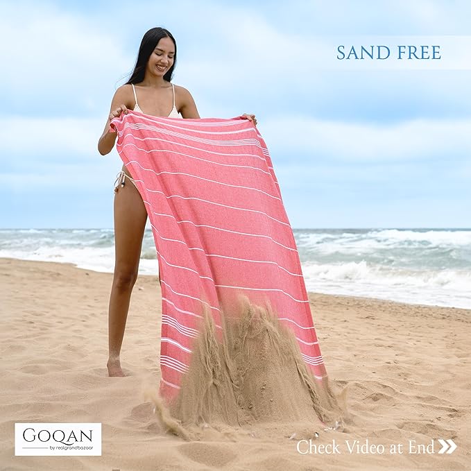 GOQAN Turkish Beach Towel Oversized 39x71 | Thin, Lightweight, 100% Cotton and Sand Free Towel is Suitable for Beach, Travel, Swim & Gift | Odor Free - Red