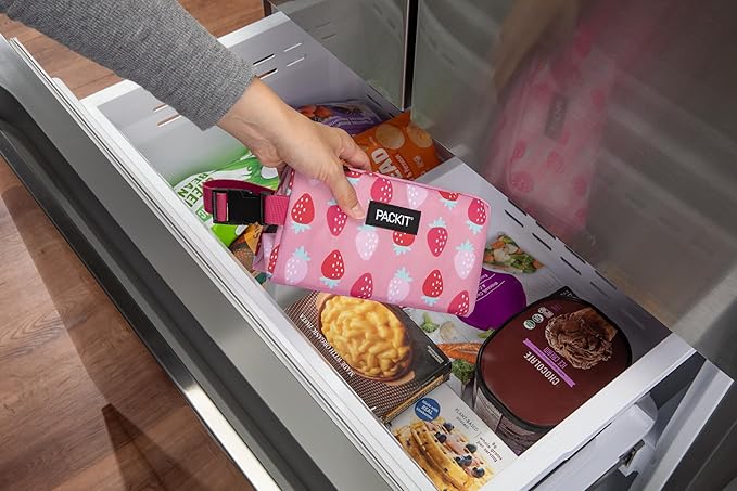 PackIt(R) Freezable Snack Box, Sweet Strawberry, Built with EcoFreeze(R) Technology, Collapsible, Zip Closure with Buckle Handle, Designed For Work Snacks, Fresh Snacks On the Go, Adults, and All Ages