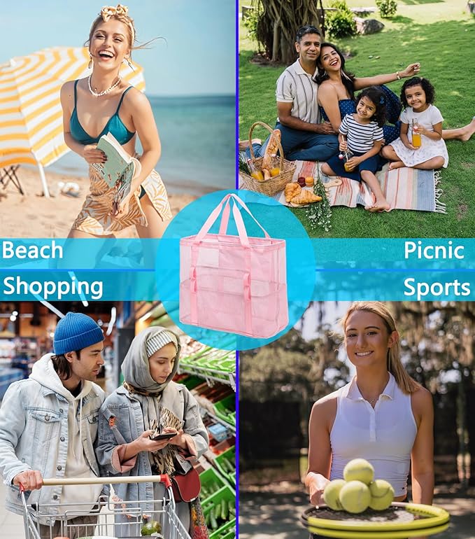 Mesh Beach Bag with Zipper, Large Beach Tote for Women, Toys Pool Swim Bag Travel Vacation Cruise Essentials
