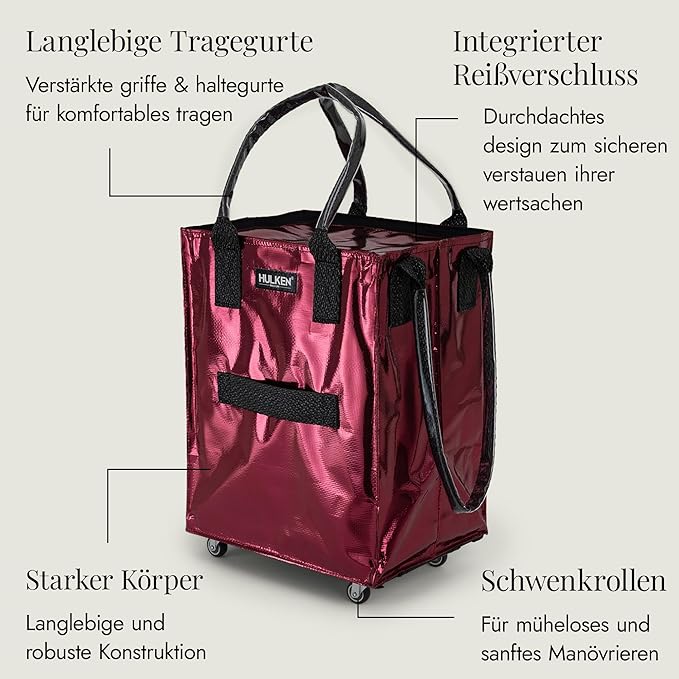 (Medium, Cosmic Red) Reusable Grocery Bag On Wheels, Shopping Trolley, Rolling Tote, Zipper Closure, Lightweight, Carries Up to 66 lb, Folds Flat, Unbreakable Handles