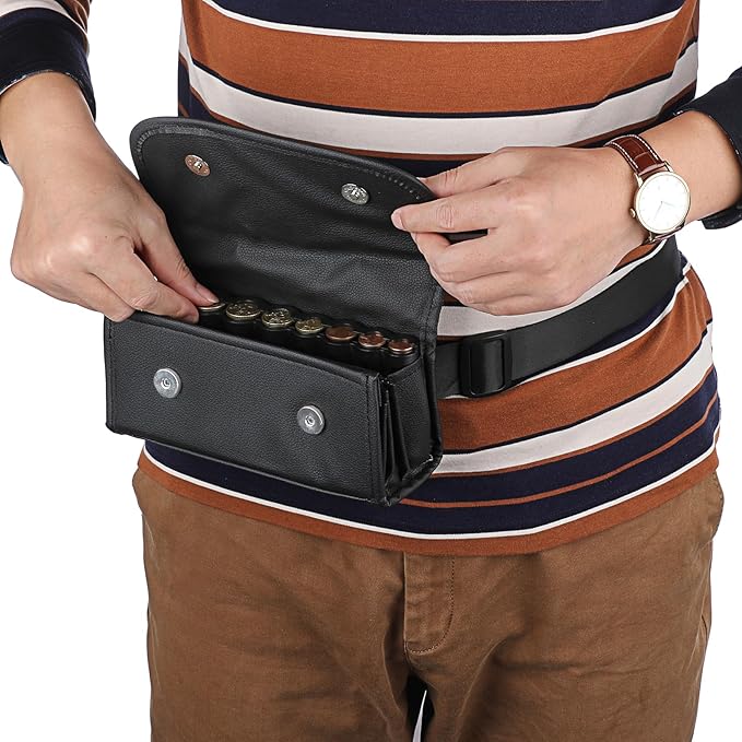BSTKEY Euro Coin Holder Coin Dispenser, Fanny Pack with Banknote Waiters Purse Coin Sorter, PU Coin Organizer, Black Coin Storage Bag with Belt for Waitress Server Collector Cashier Change