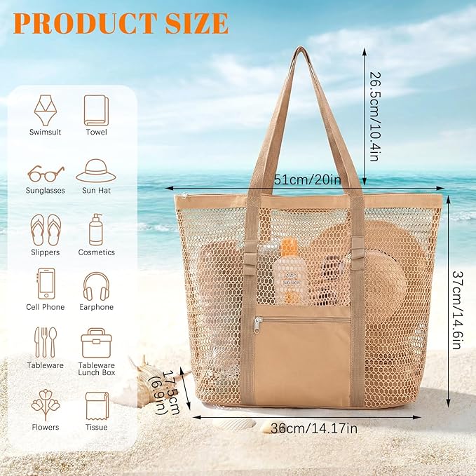 Women's Mesh Beach Bag, Stylish Beach Tote for Swimming, Travel & Vacation Essentials, Lightweight Design for Poolside