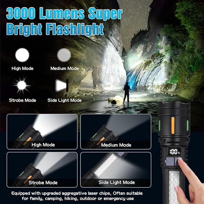 Rechargeable Led Flashlights High Lumens - 3000lm Super Bright Tactical Flashlight With Cob Sidelight And Hook, 5 Light Modes, Ipx6 Waterproof, For Camping, Repairs, And Home Emergencies. （2 Pack）