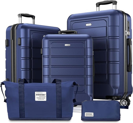 SHOWKOO Luggage Sets with Duffle Bag Expandable 100% PC Durable Suitcase Double Wheels TSA Lock 5pcs Blue