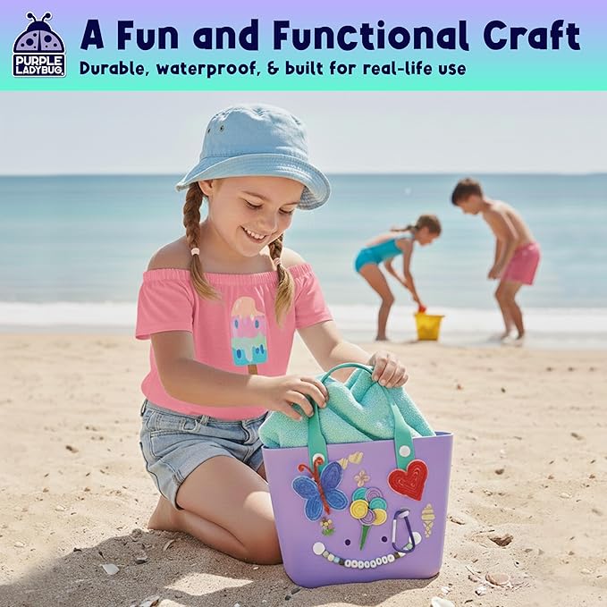 PURPLE LADYBUG Decorate Your Own Beach Tote Bag Tropical Fun- Themed Purple Rubber Beach Bag, Fun Girl Crafts for Girls Ages 6-8 Birthday Gift idea, Summer Travel Tote (Medium)