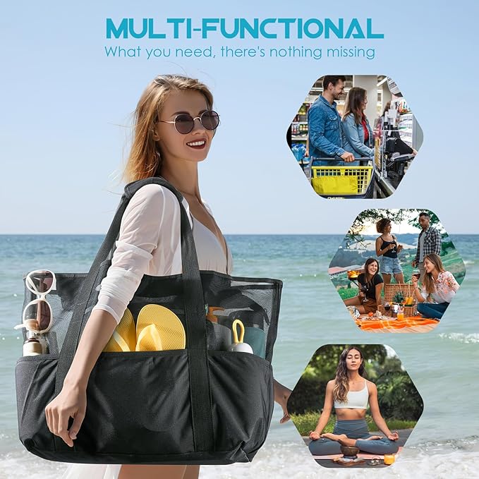 24 inch Large Mesh Beach Bag with Zipper, Oversized Foldable Lightweight Family Beach Tote with 7 Pockets, Vacation Essentials Beach Accessories