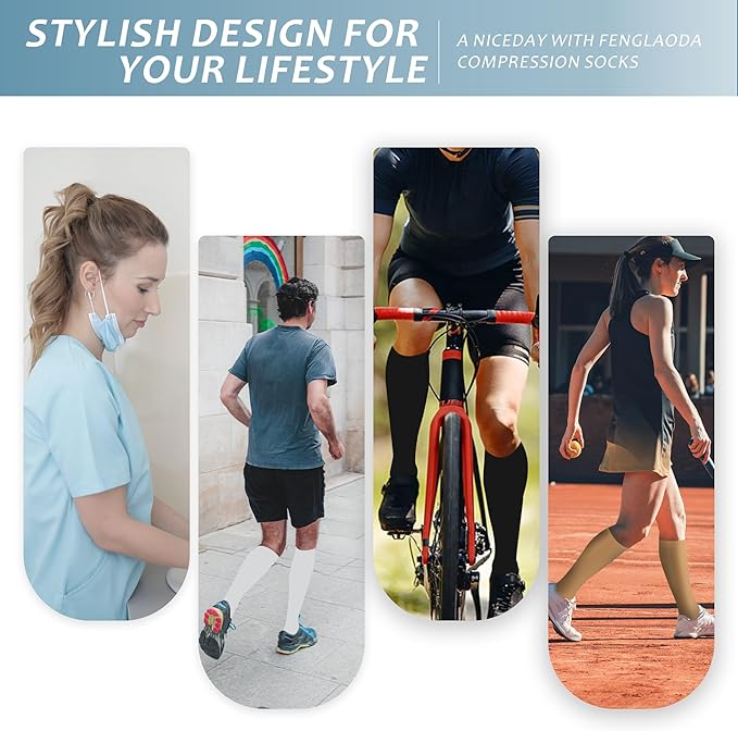 fenglaoda 3 Pairs Compression Socks for Women & Men Knee High Nurse Pregnant Cute Medical Running Travel Athletic