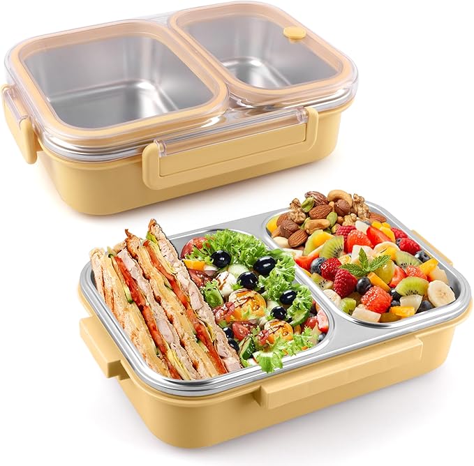 Stainless Steel Lunch Box with 2 Compartments, Leakproof, 30.5 oz Food Storage Containers, Bento Box for Adults,Men,Women(Yellow)