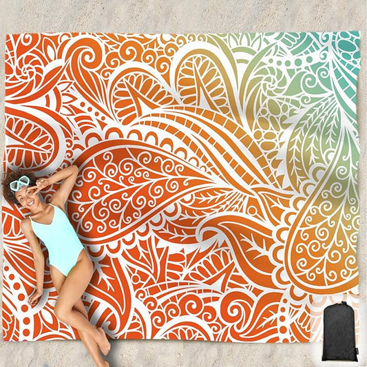 Beach Blanket Waterproof Sandproof Oversized 95”x 80”,Sand Free Beach Mat with Corner Pockets,Portable Mesh Bag for Beach Festival,Picnic,Travel and Outdoor Camping (Ombre Portland Orange)
