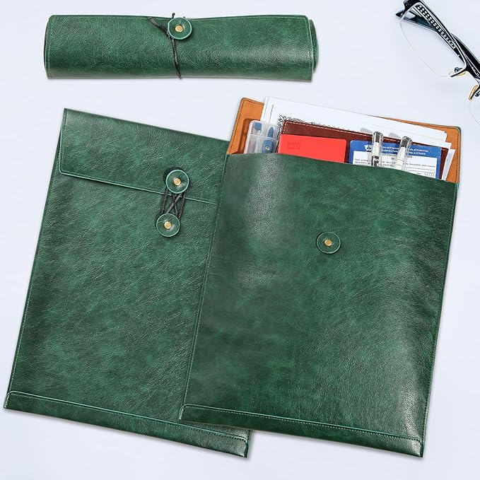Green PU Leather File Folder for Documents,Important Document Folder with String Tie,Laptop Sleeve Notebook Case,Leather File Organizer, A4 Envelopes Filing Folder