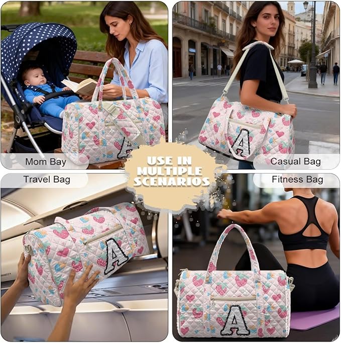 COEQINE Print Quilted Travel Duffle Bag For Women Travel Pink Heart Initial Name A-Z Personal Item Travel Bag with Shoulder Strap and Trolley Sleeve Large Packable Travel Bag