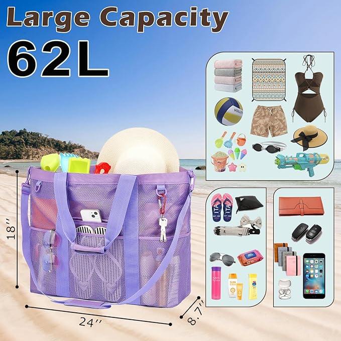 Mesh Beach Bag, Large Beach Tote with Zipper Pocket, Toys Pool Bag for Family Travel Vacation Cruise Essentials