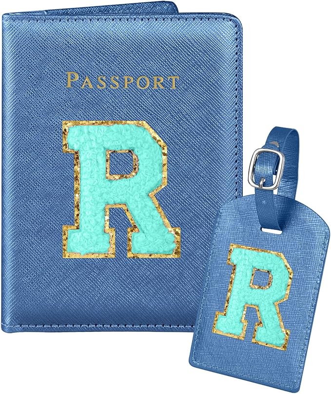 Slohif Passport Holder Initial Lugguage Tag Set Suitcase Cover Wallet Case for Travel Women - Leather Letter Passport Book Personalized Organizer Card Protector Sleeve Essentials Slim Carrier Blue R