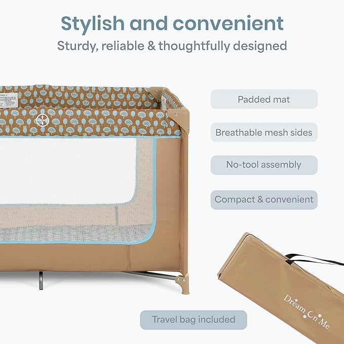 Dream On Me Zodiak Baby Playard, Breathable Mesh Sides, Soft Comfortable Mattress, Quick & Easy to Fold with Travel Carry Bag, Compact Space Saving Design - Coffee/Blue