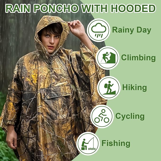 Hooded Rain Poncho for Adults - Waterproof Rain Coat and Lightweight Jacket 3-in-1 Multi-Function with Pockets