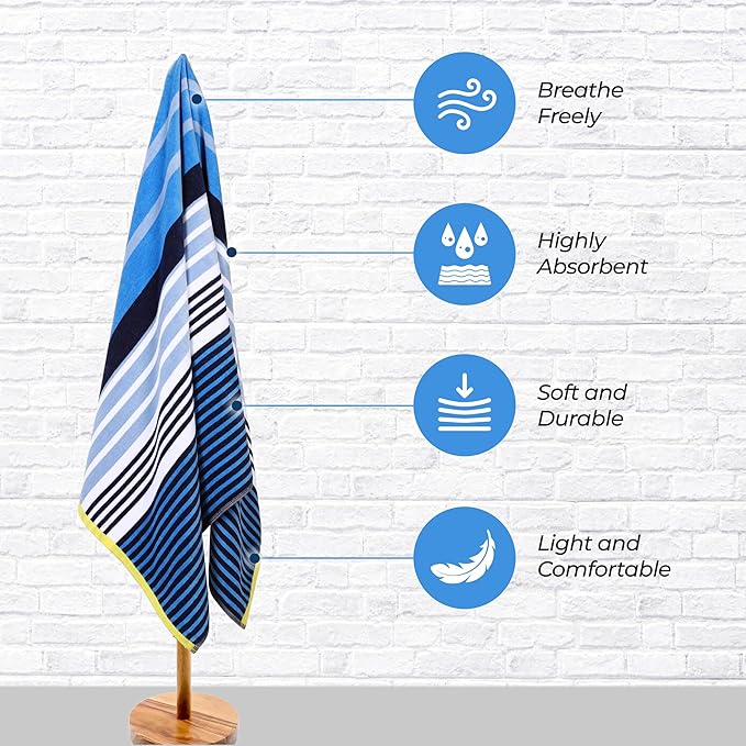 Superior Cotton Beach Towel, Absorbent Oversized Towel for Swimming Pool, Camping, Bathroom, Shower, Large, Quick Drying, Adults, Kids, Colorful, Mira Striped Collection, 68" x 34", Blue-Navy