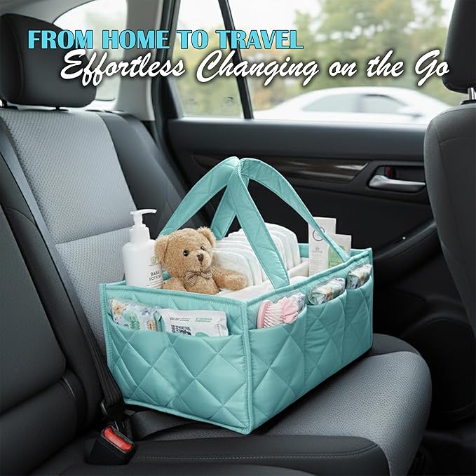 Baby Diaper Caddy Organizer, Nursery Storage Basket for Newborn Essentials, Travel Baby Basket for Diapers Baby Wipes, Organizer Tote Bag Storage Bin, Baby Shower Gifts (Mint Green)