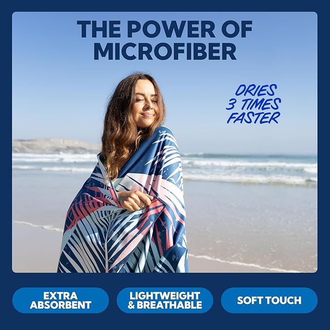 SUN NINJA Microfiber Beach Towel - Sand Free, Quick Dry, Lightweight & Compact for Beach, Pool, Yoga and Camping - 63x32 inch Super Absorbent, Large Sand Free Swim Towels for Adults and Kids