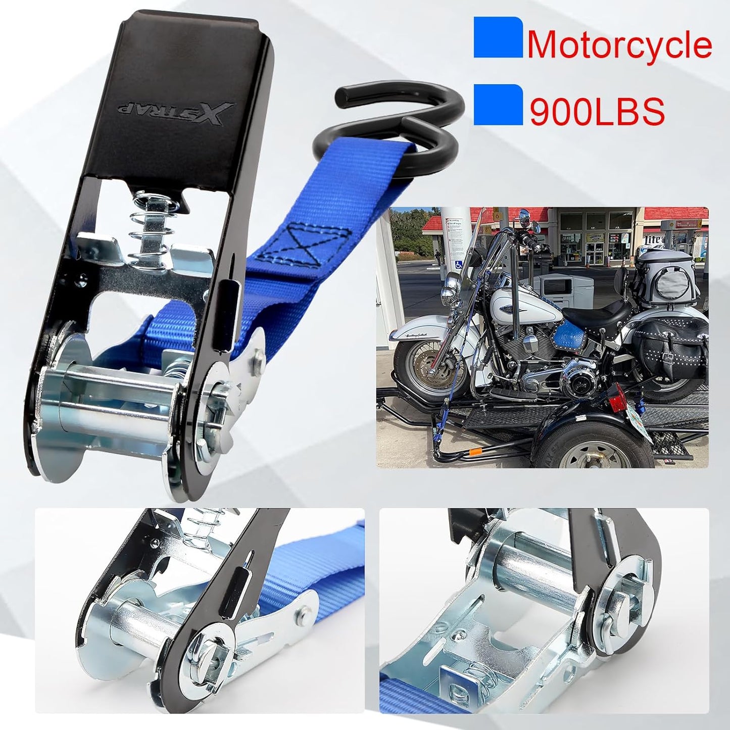 XSTRAP STANDARD Ratchet Tie Down Straps 8PK 1'' x 10 ft - 900 LB Break Strength Cargo Straps for Moving Appliances, Lawn Equipment, Motorcycle (Blue)