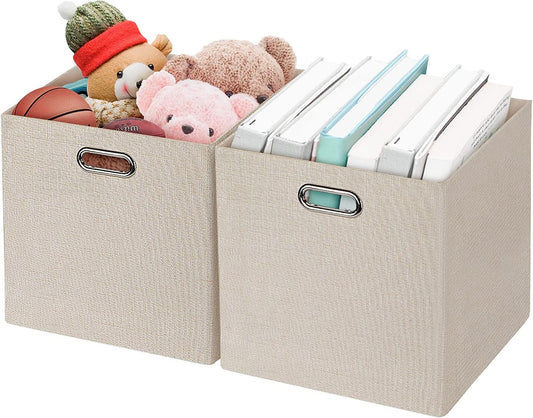 Foldable Storage Bins,13×13 Storage Cubes Basket Containers for Shelf Cabinet Bookcase Boxes,Thick Fabric Drawers - Set of 2, Beige