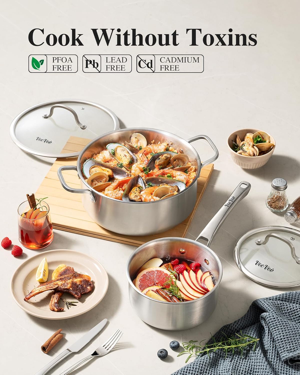 Stainless Steel Cookware Set,Tir-Ply Pots and Pans Set,13 Pcs Stainless Steel Induction Kitchen Cookware Sets,PFOA Free, Frying Pans,Saucepans,Saute Pan & Stock Pot,Compatible with All Cooktops