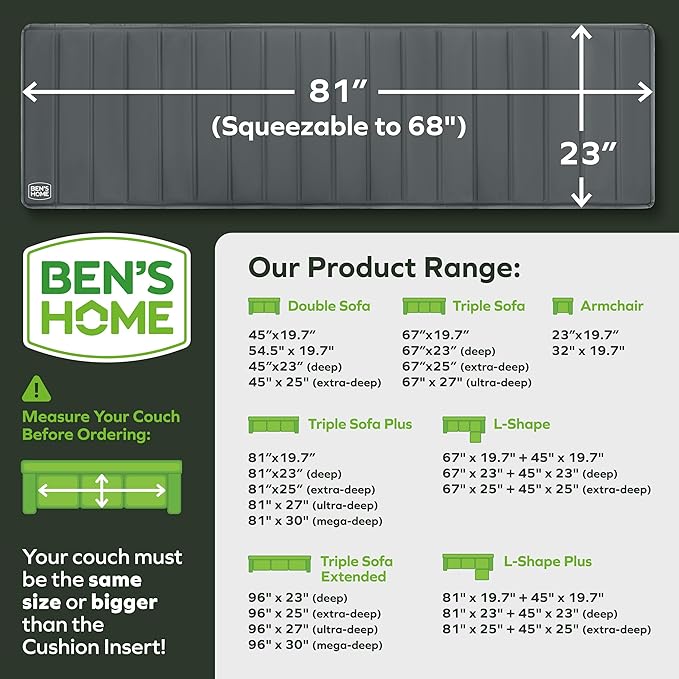 BEN'SHOME® Heavy Duty Deep Sofa Cushion Support Board for Sagging Sofas | Fits 68"-81", 23" Seat Depth | Protects Your Back from Sinking Seats | 0.5" Solid Wood, 400 LBS, Lifetime Replacement