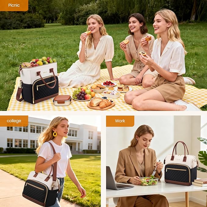 LOVEVOOK Lunch Bag Women, Insulated Adult Lunch Box for Women Work, Wide Opening Leakproof Cooler Tote Bag for Office Campus Picnic Beach with Shoulder Strap, Loncheras Para Mujer with Cup Holder