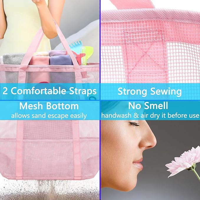 Mesh Beach Bag with Zipper, Large Beach Tote for Women, Toys Pool Swim Bag Travel Vacation Cruise Essentials