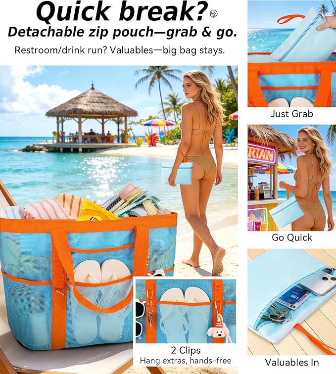 2026 Chic & Spacious XX-Large Beach Bag for Women — Mesh × Canvas Tote with Top Zipper, 11 Pockets, Detachable Pouch | 40L+ Spacious, 11 Tall Pockets, Zipper Pouch, Secure Zip-Top, Sand-Resistant Base