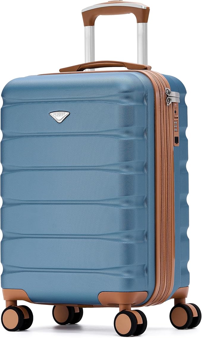 Flight Knight 21.5x15.5x9 Expandable Carry On Suitcase Hardside TSA Lock & USB C Port Lightweight Luggage Silent Double Spinner Wheels Maximum Canada Air Overhead Bag Airlines Approved Blue/Tan