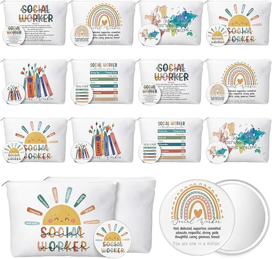 24 Sets Social Worker Gifts Bulk for Women Canvas Cosmetic Bags Makeup Bags and Compact Mirrors Social Worker Appreciation Gifts for MSW LCSW Home Office Decoration